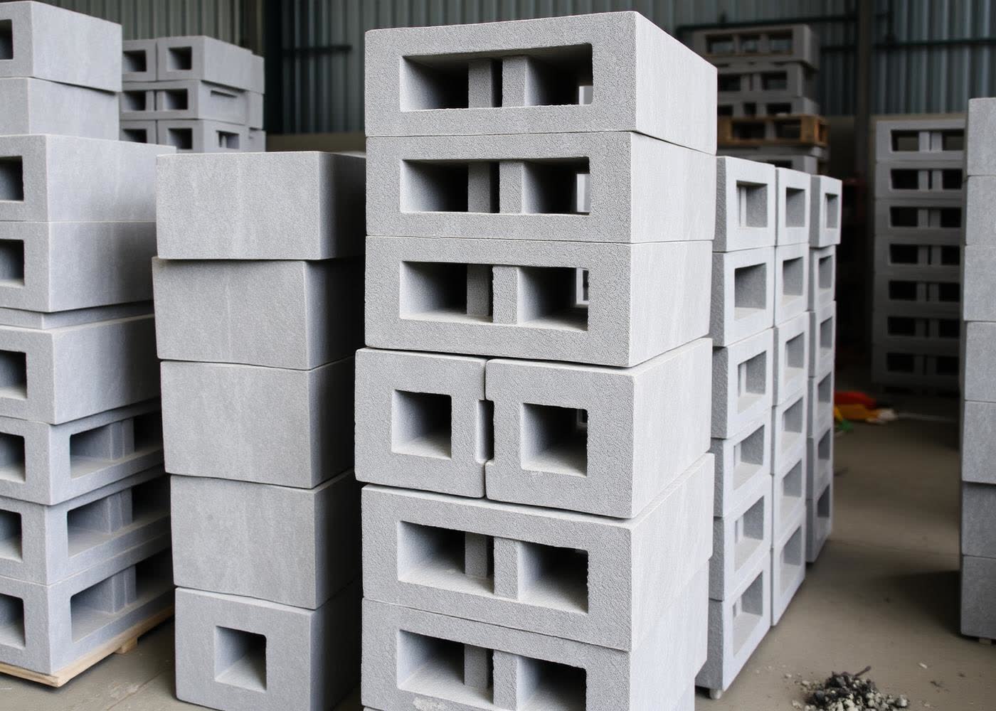 Finished concrete blocks stacked in the yard