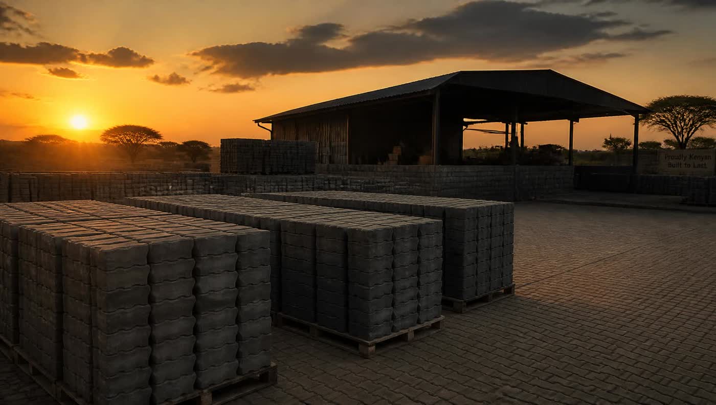 Pallets of precast concrete paving blocks in the Midrift production yard